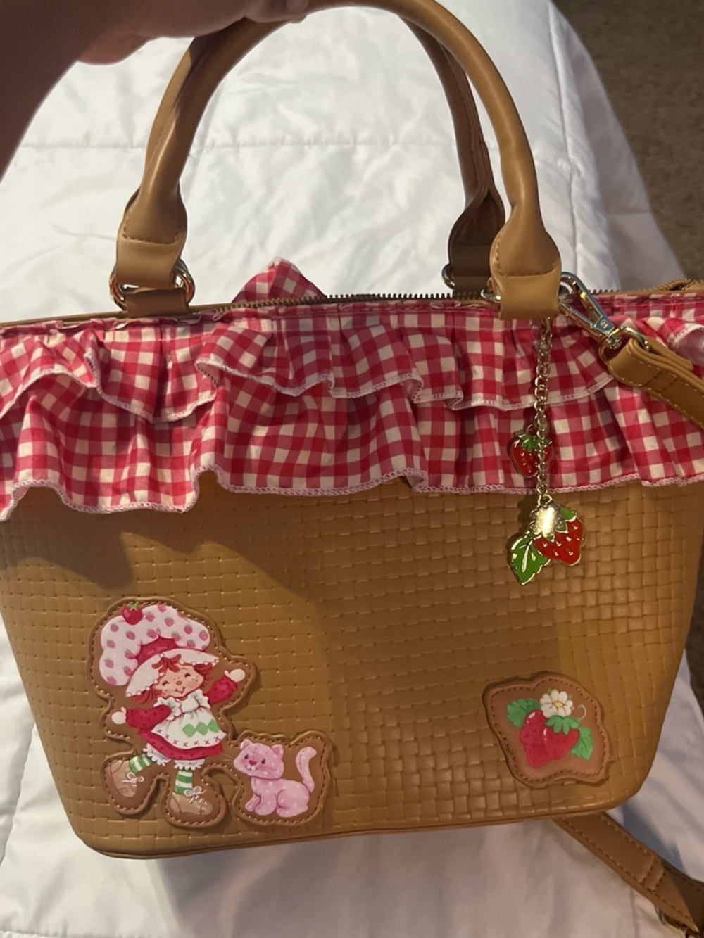 Tan Satchel with Red Gingham Ruffle and Strawberry Charms